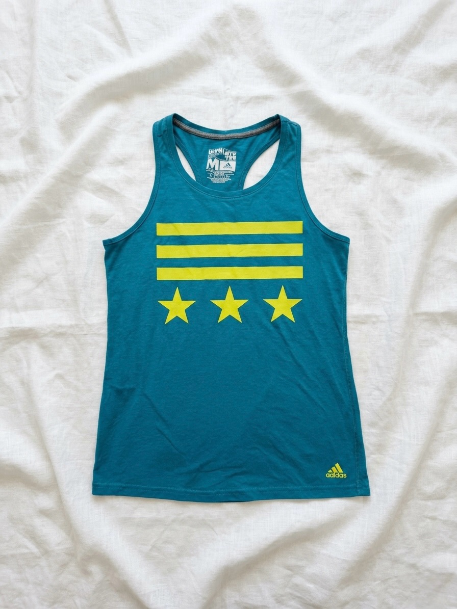 Adidas Y2k Teal Racerback Tank With Neon Yellow Star Stripes